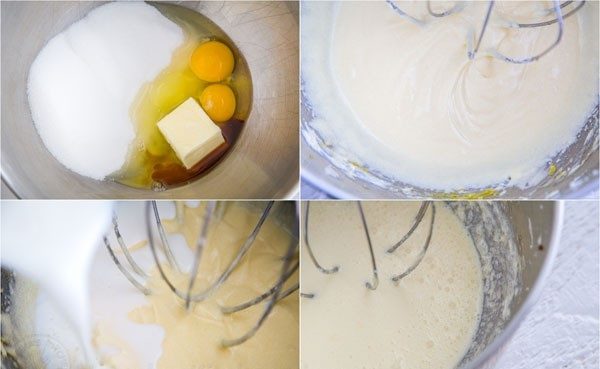 В миску миксера выкладываем масло, пудру (или сахар), 2 яйца и ваниль. Взбиваем на высокой скорости в течение 7 минут. Добавляем стакан теплого молока и взбиваем до однородной массы.